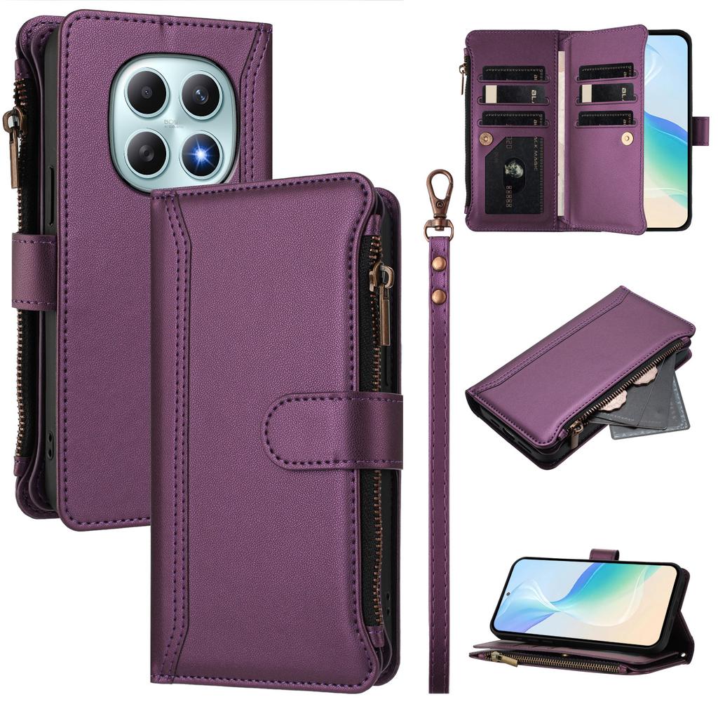 For Xiaomi Poco M8 5G/Redmi Note 15 5G (Global) Leather Case 9 Card Slots Zipper Wallet Stand Phone Cover with Wrist Strap