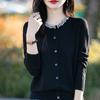 Autumn And Winter New Silk Wool Cardigan Women'S Crew Neck Crystal Diamond Sweater Loose Knit Backing Jacket Top