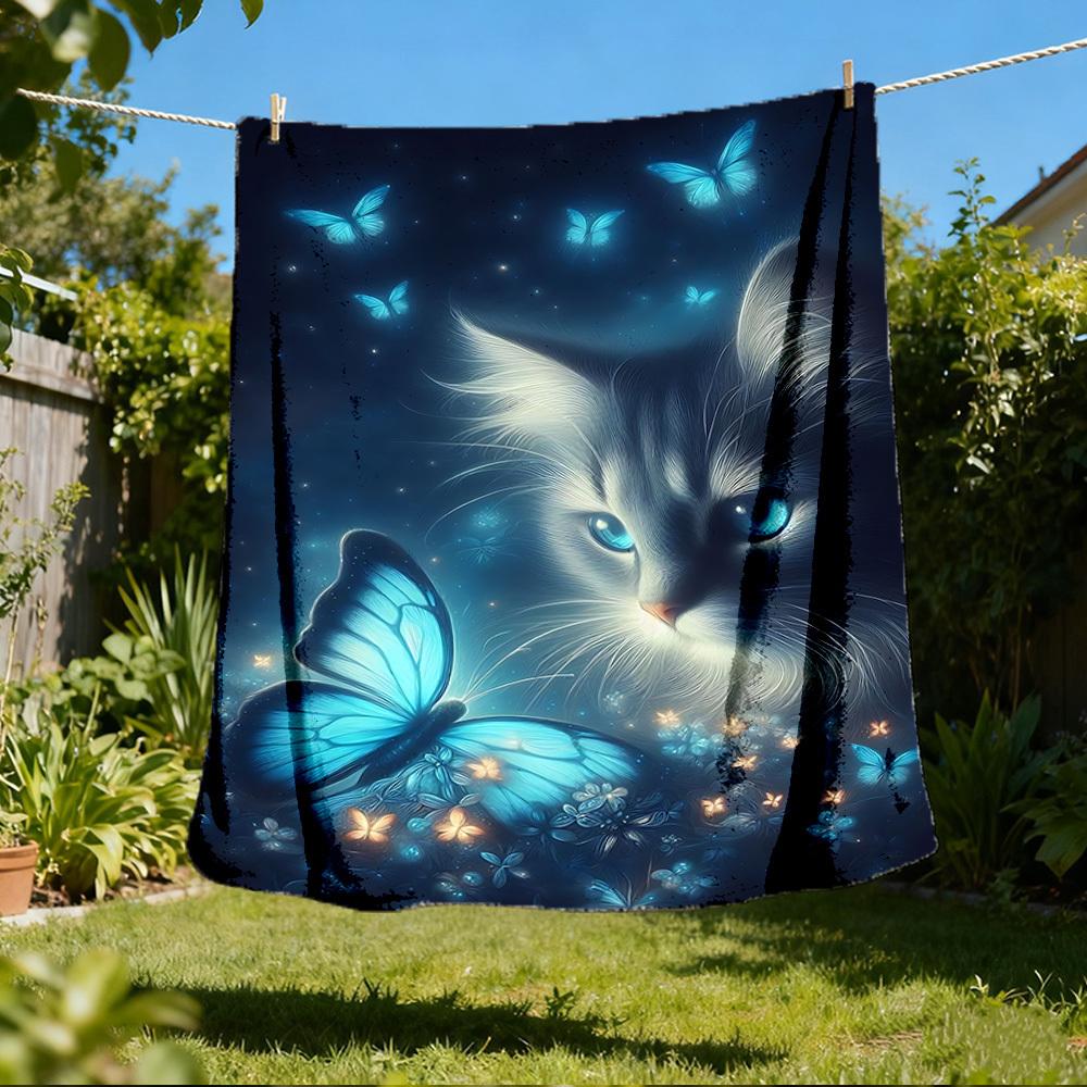 1pc Butterfly Cat Night Throw Blanket Polyester Fiber, Lightweight Flannel, Soft & Warm, All Season Use for Outdoor, Camping Digital Print