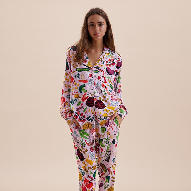 [Crayfish] Autumn new printed pajamas women's long-sleeved pure cotton pajamas women's lapel thin loungewear