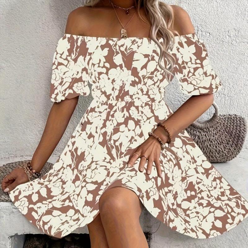 

Women Floral Print Mini Dresses Summer Sexy Off Shoulder Flare Sleeve Tunic Dress Female Casual Boho Beach Dress Short Dress S білий