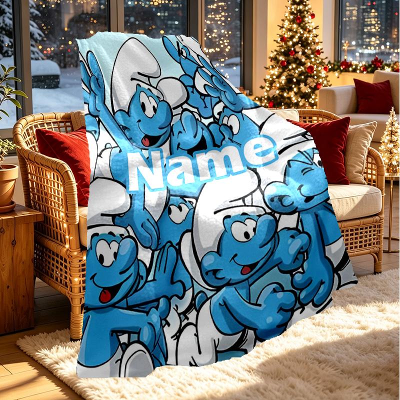 Custom Name Personalized Blue Smurfs Print Blanket, Home Decor, Bedroom, Sofa, Camping, Couch, Gifts for Birthday Christmas