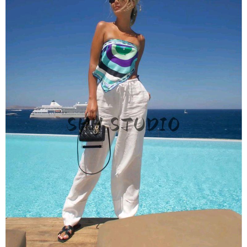 Vacation Style Shawl Decoration Print Tops + Tube Top Backless Print Print Tops + Print High Waist Long Skirt