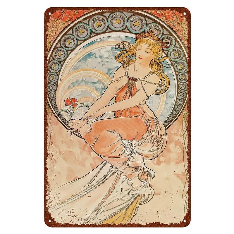 Vintage Metal Tin Signs Beauty-Art Nouveau Decorative Signs Four Seasons - Illustration Girl Retro Wall Decor Home Wall Signs