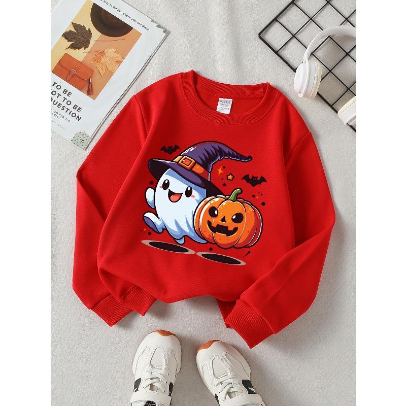 Girls' Halloween Long-Sleeve Sweatshirt, Round-Neck Fun Print Casual Top, Kids' Autumn Clothing, Suitable for Trick-Or-Treat Parties And Halloween