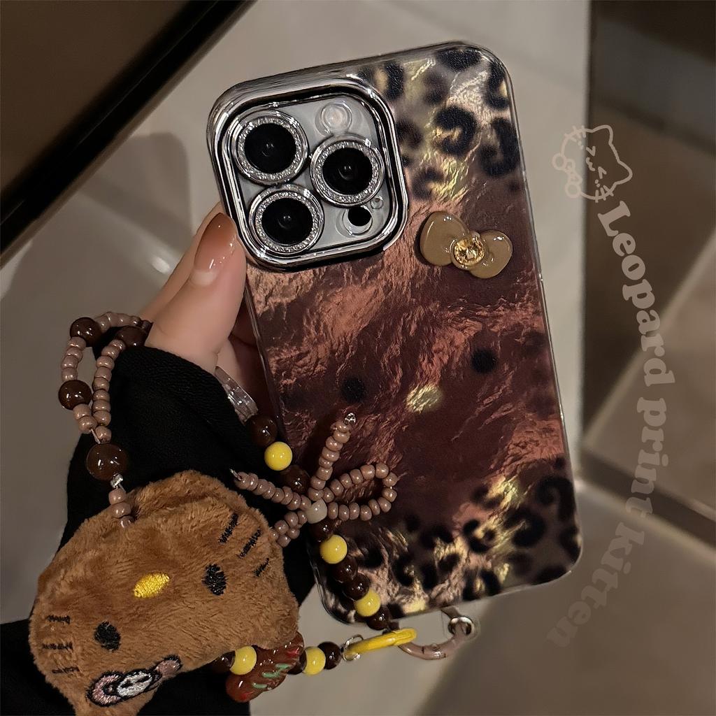 Brown Leopard Print Hot Girl Cat Apple 17 Mobile Phone Case IPhone 16 Suitable for 14pronax Hanging Chain 13 Three Dimensional Flash Powder