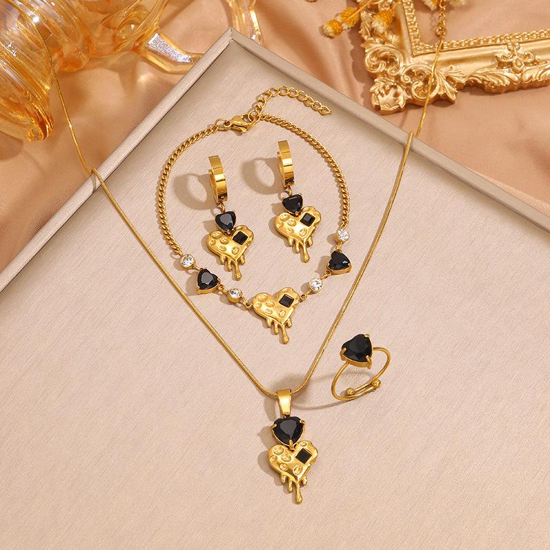Titanium Steel Necklace, Bracelet, Earrings, Ring, Luxury-style Set with Sparkling Diamonds, Heart-shaped Design