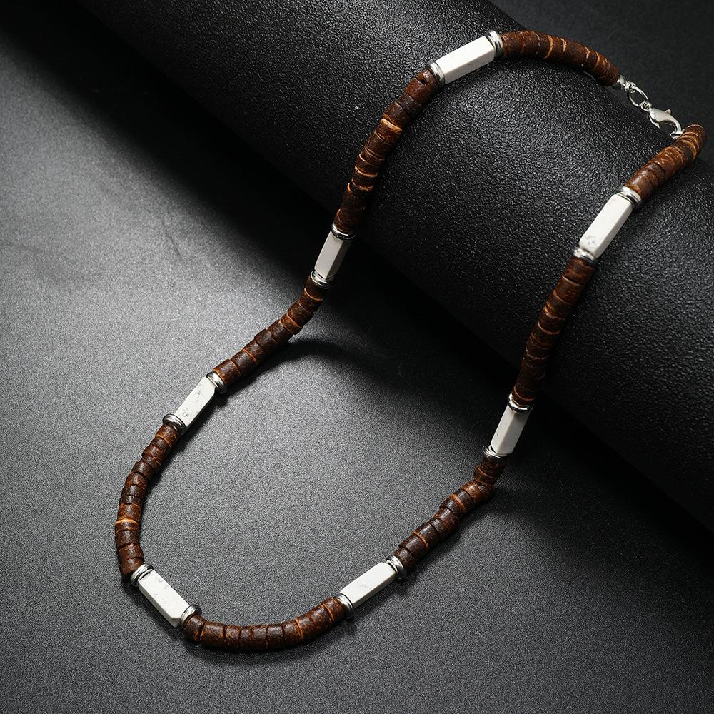 Coconut Shell Wood Bead Necklace with Natural Stone Bohemian Ethnic Unisex