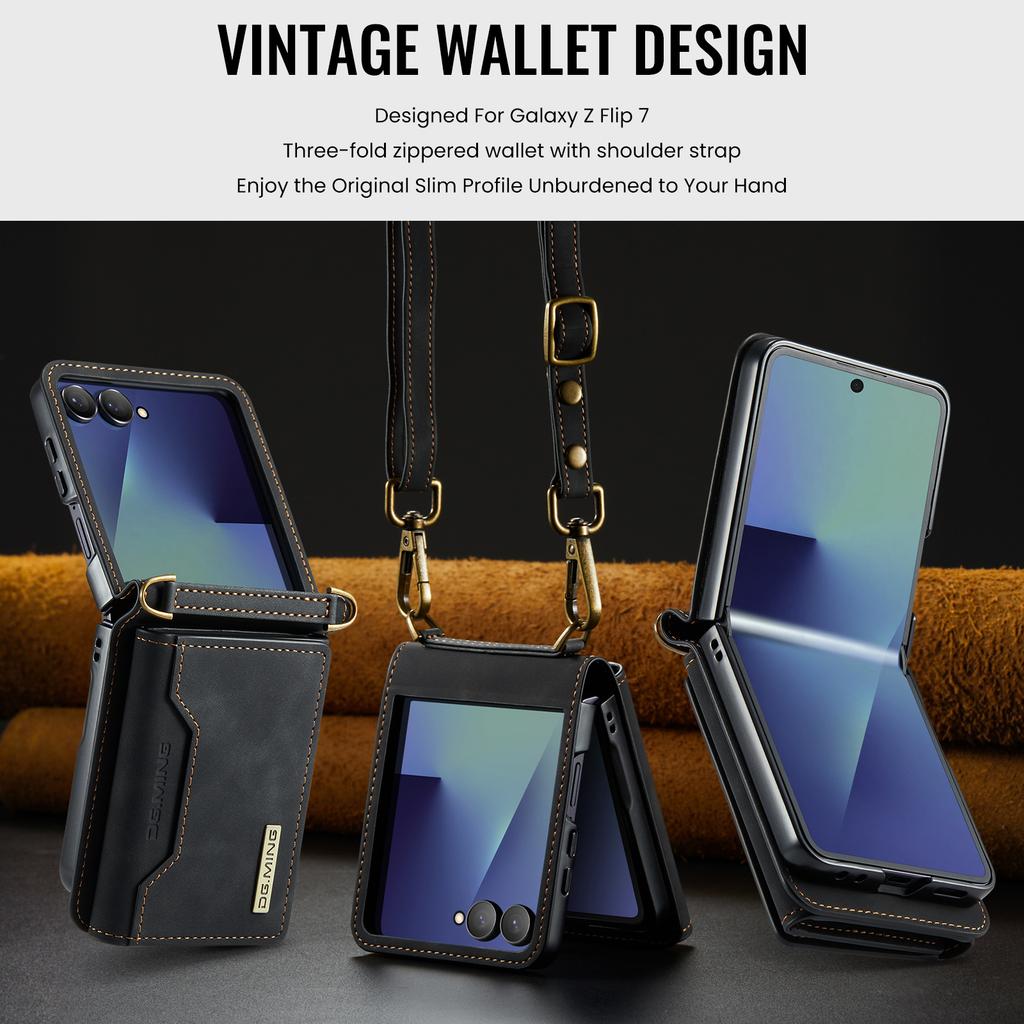 Crossbody Auto Leather Phone Case for Samsung Galaxy Z Flip 7 Flip6 5 4 3 Long Strap Metal Button Card Slot Wallet Stand Cover