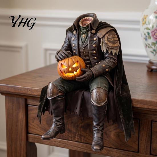 Rustic Gothic Home Accents Resin Headless Horseman Statue with LED Warm Glow, Lighted Halloween Handmade Legend Collectible Sculpture, Tabletop Decor