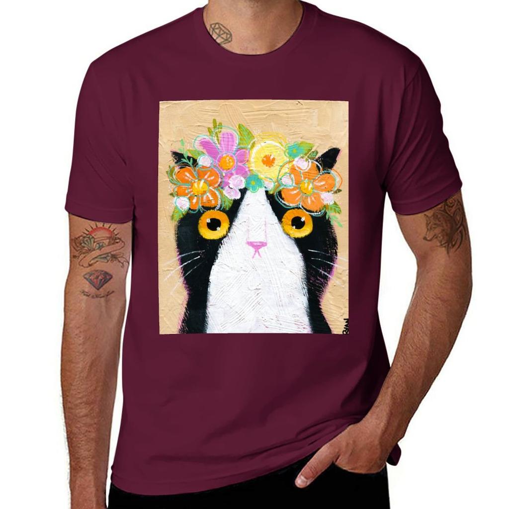 Kittys Flower Crown TShirt Aesthetic Clothes Customs for a Boy Black Tshirts for Men
