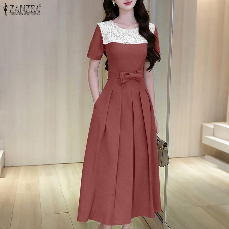 ZANZEA Women Elegant Lace Patchwork Round Neck Casual Short Sleeve Dress
