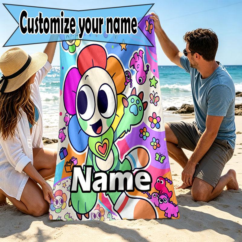 Custom Name Personalized Dandy's World Print Beach Towel, for Trip Camping Beach Party Home Decor, Birthday Gift for Family & Friends