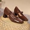 Fashion One Line High Heels for Women 2025 New Style Square Toe Thick Heel Mary Jane Single Shoes Large French Red Wedding Shoes Pumps