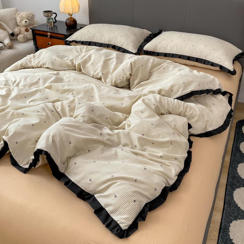 INS French Style Floral Simple Black Lace Double Layer Gauze Bedding Set Washed Cotton Bed Sheet Fitted Sheet Fresh Quilt Cover