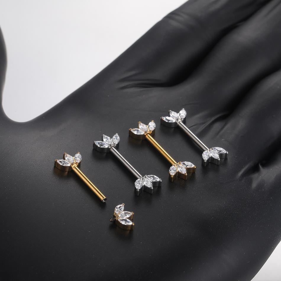 1 Peça Barra de Titânio para Mamilo com Argola Cristal CZ Banhada a Ouro com Escudo Pendurado Barra para Mulheres Piercing de Mamilo com Rosca Interna