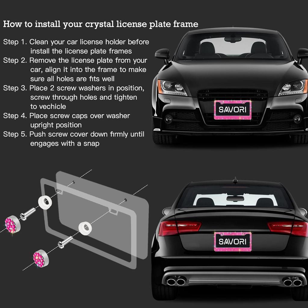 Bling License Plate Frames for Women 2 Pack, Rhinestone Crystal License Plate Cover with Bolts Washer Caps Univerasl Bling Car Accessories for Girls