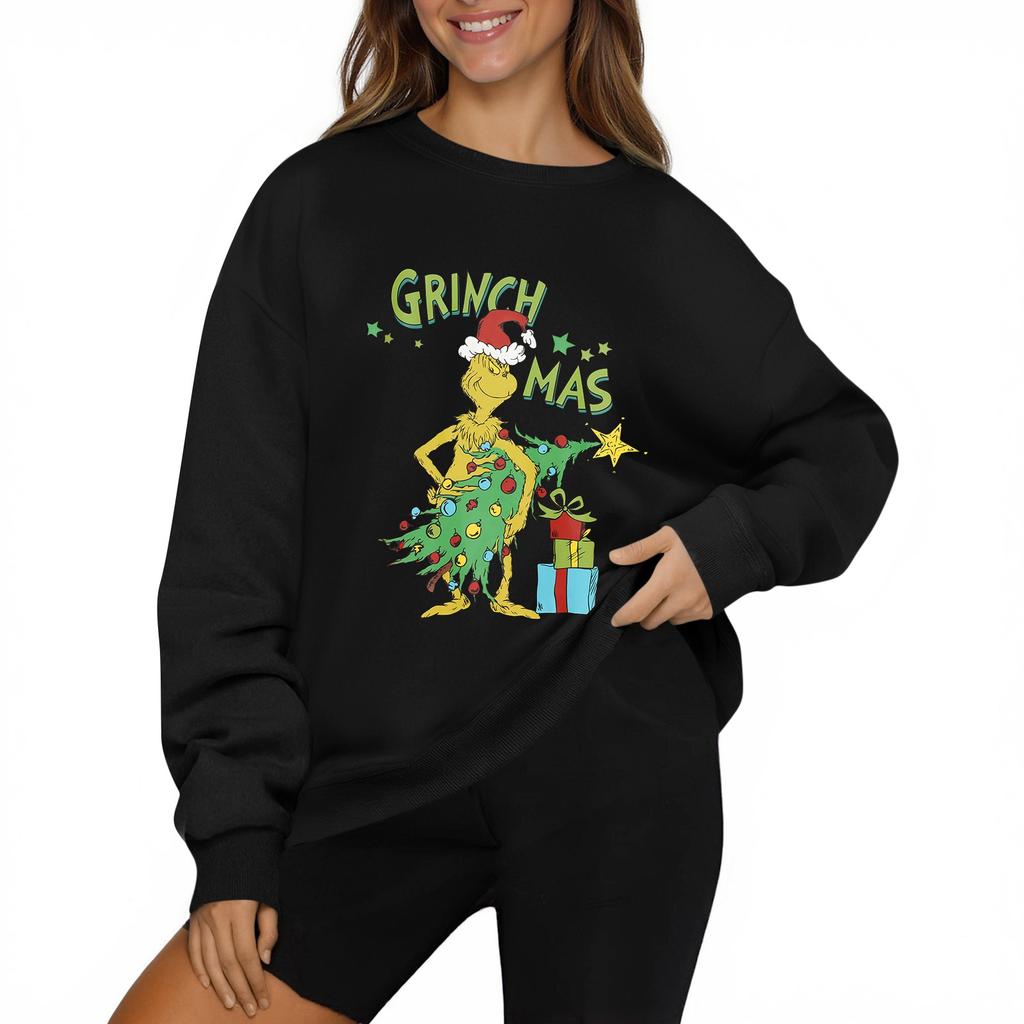 Women's Fashion Casual Long Sleeve Solid Color Christmas Printed Round Neck Top Sweatshirt