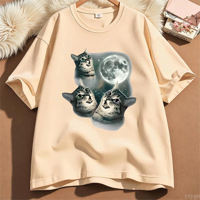Three Cat Moon T Shirt Unisex Unisex Cotton Short Sleeve Funny Cat Parody TShirt Wolf Moon Cat Cute Kitten Tshirt Male Clothes Tops