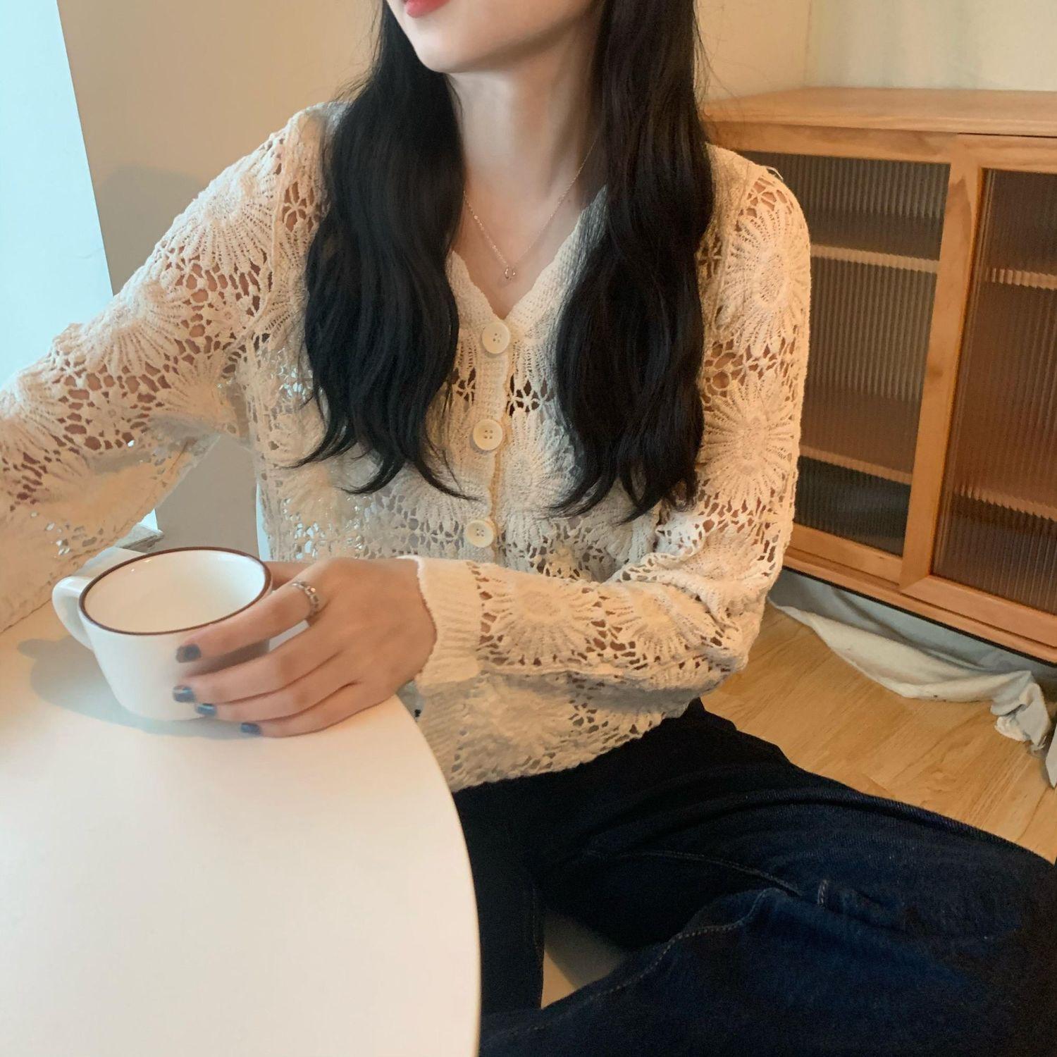 

Вязаный кардиган для женщин на весну и осень. Короткая шаль с высокой талией и ажурным дизайном для верхней одежды на осень. one size абрикосовый