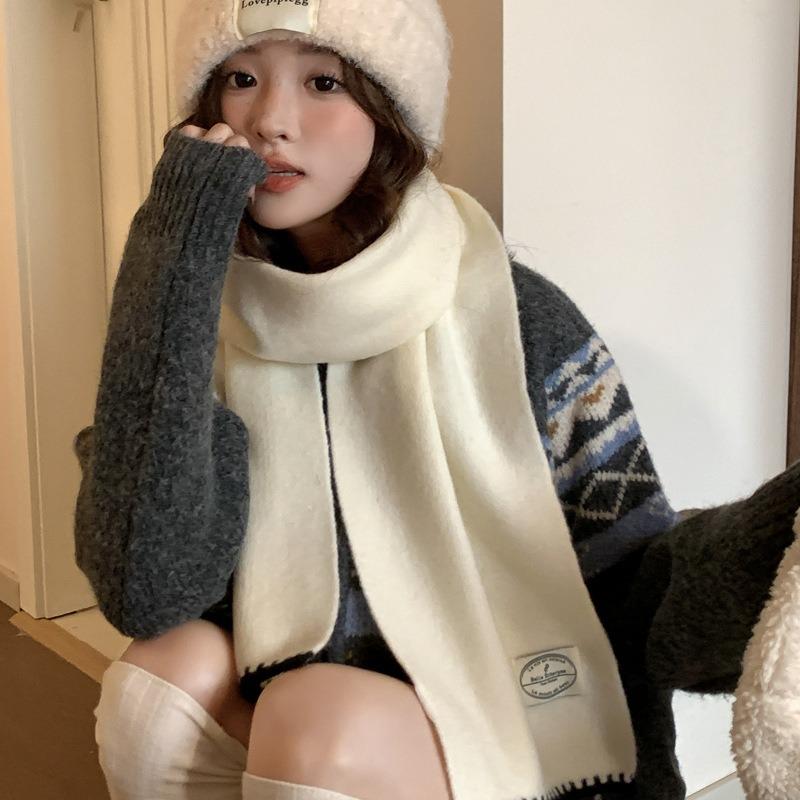 White wool versatile soft waxy knitted scarf women's winter warm long scarf casual couple