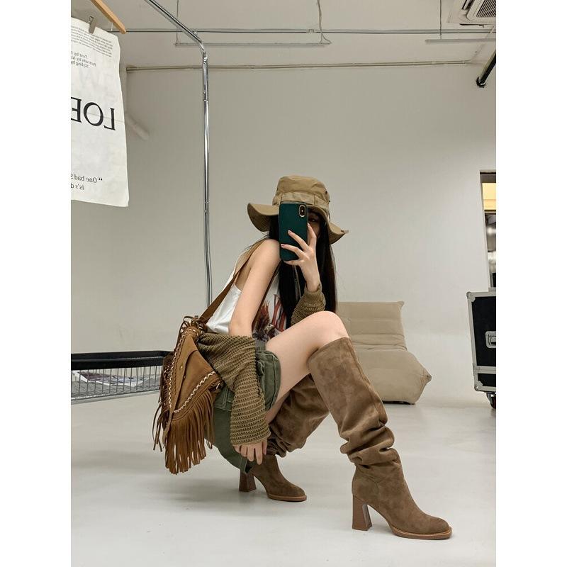 Big Tube Circumference Boots New Thin Stacking Boots Thick Heel High Boots High Heel Knight Boots Square Head Small Thick Leg Boots