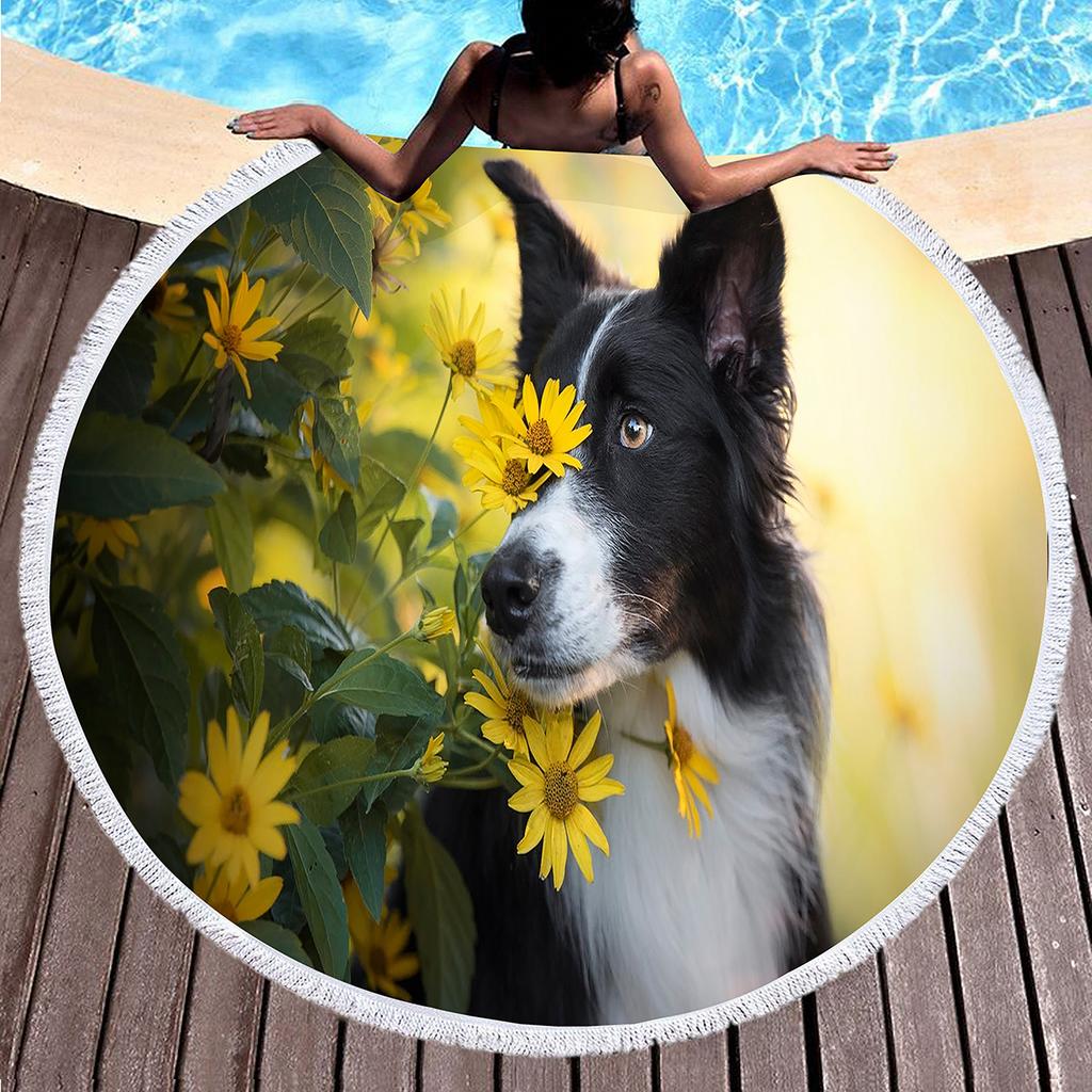 Cute Pet Dog Border Collie Round Beach Towel,Sand Free Beach Blanket Picnic Mat for Bathroom Pool Surf Travel Outdoor Meditation
