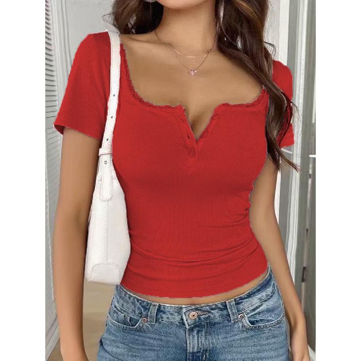 2026 New Spring/Summer Lace Button V-Neck Fashion Slim Fit Short Sleeve Women's Blouse