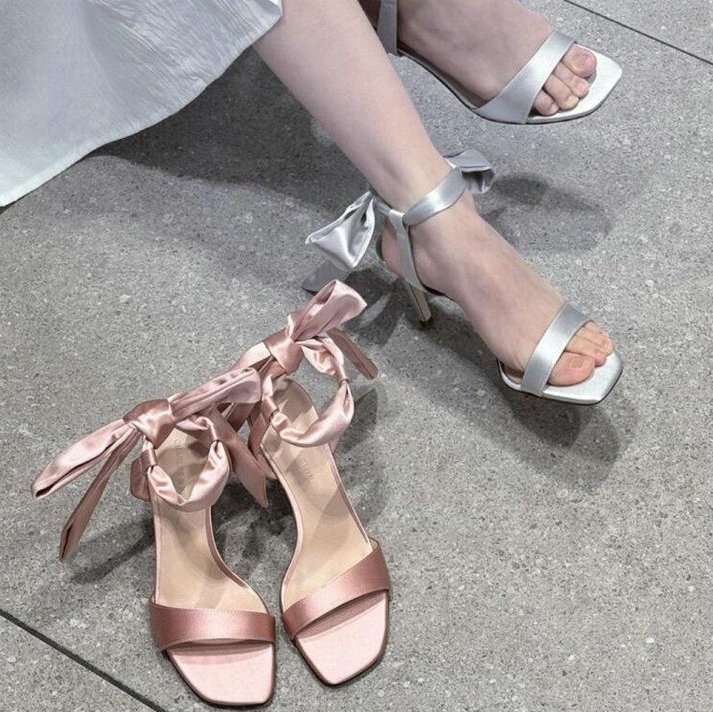 Fashion The Stunning Fairy-Like Style Bow-Tie Lace-Up High Heels For Women A New Summer Style Of Elegant Pink One-Strap Thin Heel Sandal