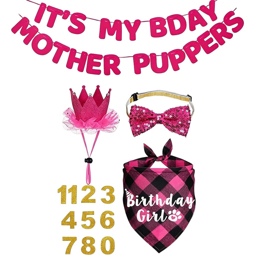 Pet Birthday Party Decoration Set with Banner Crown Bow Tie Bandana and Number Stickers for Dog Cat Celebration Accessories