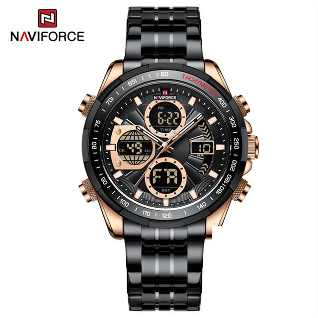 NAVIFORCE 9197 Digital Quartz Watch Men Three Time Quartz Wrist Mens Watch Countdown Steel Wristwatch Clock Relogio Masculino