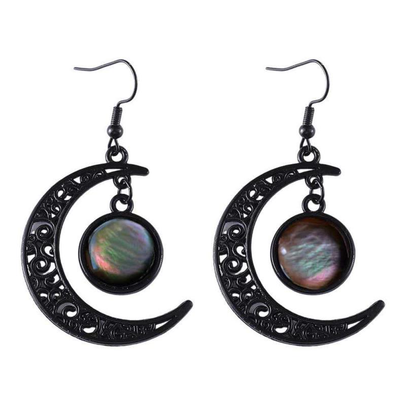 Gothic Black Moon Long Tassel Gemstone Earrings