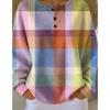 Women's Crew Neck Three‑Button Placket Color‑Block Striped Waffle Knit Loose Long Sleeve Top