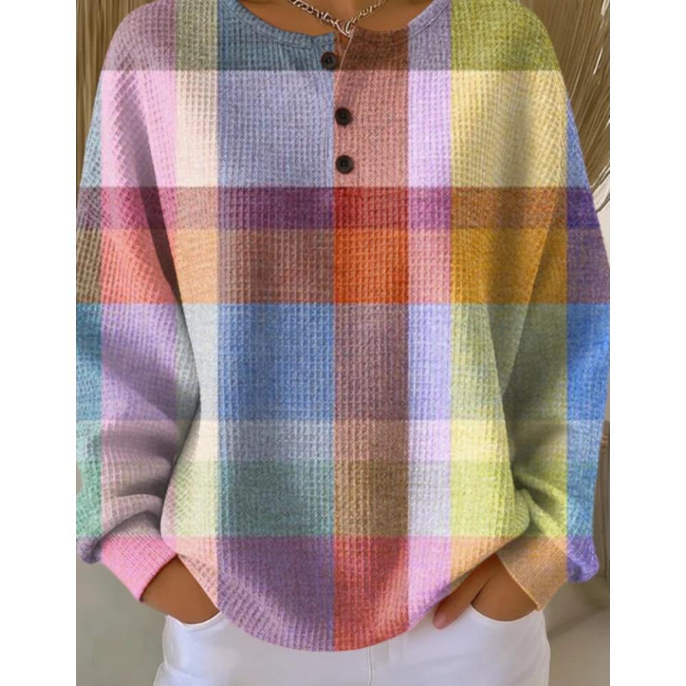 Women's Crew Neck Three‑Button Placket Color‑Block Striped Waffle Knit Loose Long Sleeve Top