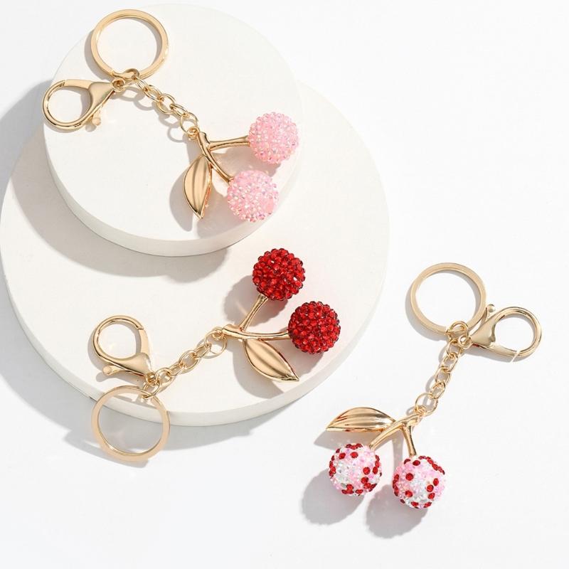 Cherry Shaped Keychain with Rhinestones Versatile Charm for Keys and Bags Fruit Shaped Keyring Pendant Purse Decoration