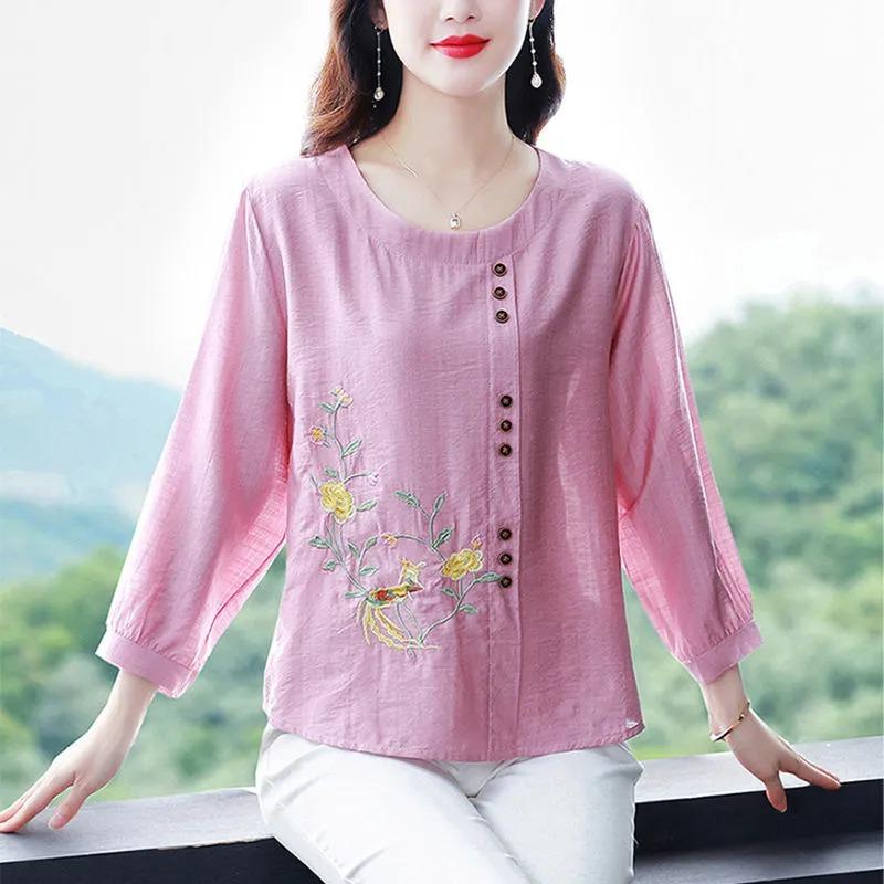 Spring and Autumn Three-quarter Sleeve Shirt Cotton and Linen Chinese Style Retro Embroidered Top Loose Women's Clothing