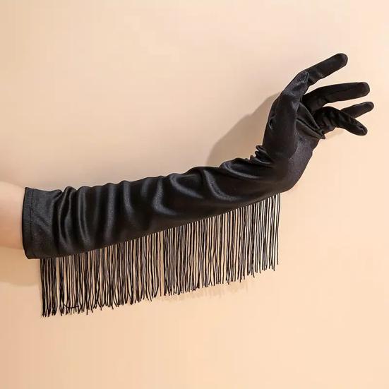 Fringed Elbow Gloves 17.7" Vintage Long Opera Pageant Gloves 1920s