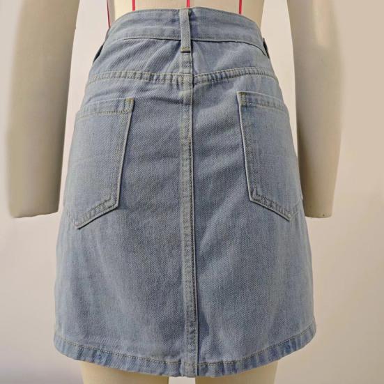 Damen Jeansrock Unregelmäßiger High Waist Design Minirock mit Taschen Volltonfarbe