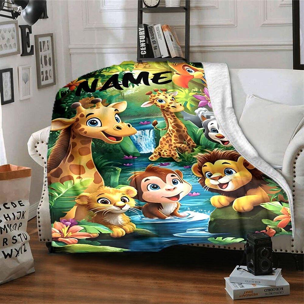 Cartoon Jungle Animals Customize Your Name Home Blankets Soft Cozy Lightweight Versatile For All Seasons Perfect For Picnics Sofa Office Bed Living