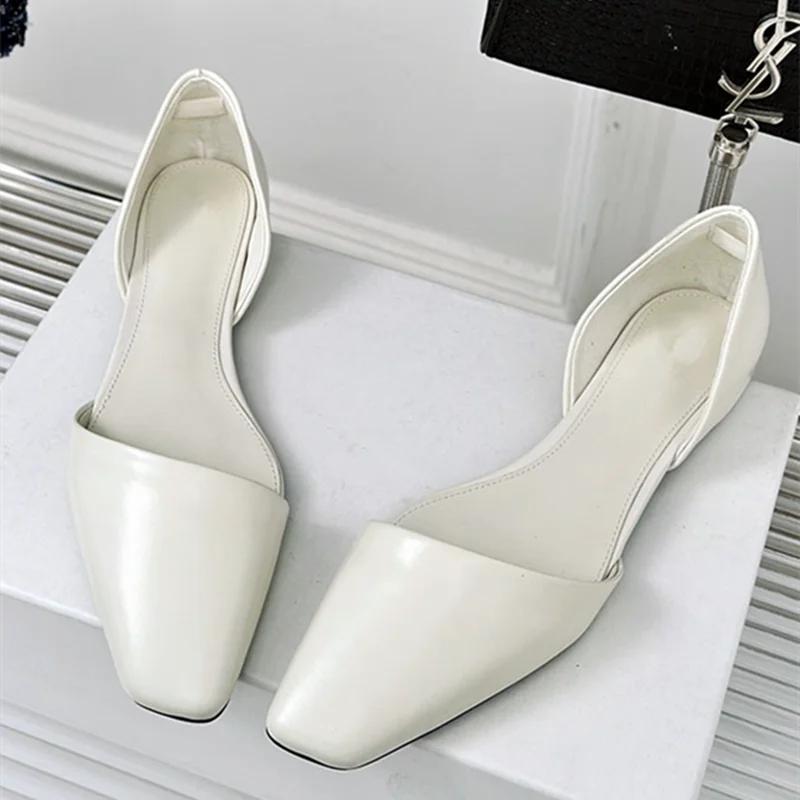 Wysokiej Jakości Retro Skórzane Płaskie Buty Damska Moda Skośny Kwadratowy Nosek Puste Mulesy Sandały Projektant Wygodne Baleriny Mokasyny