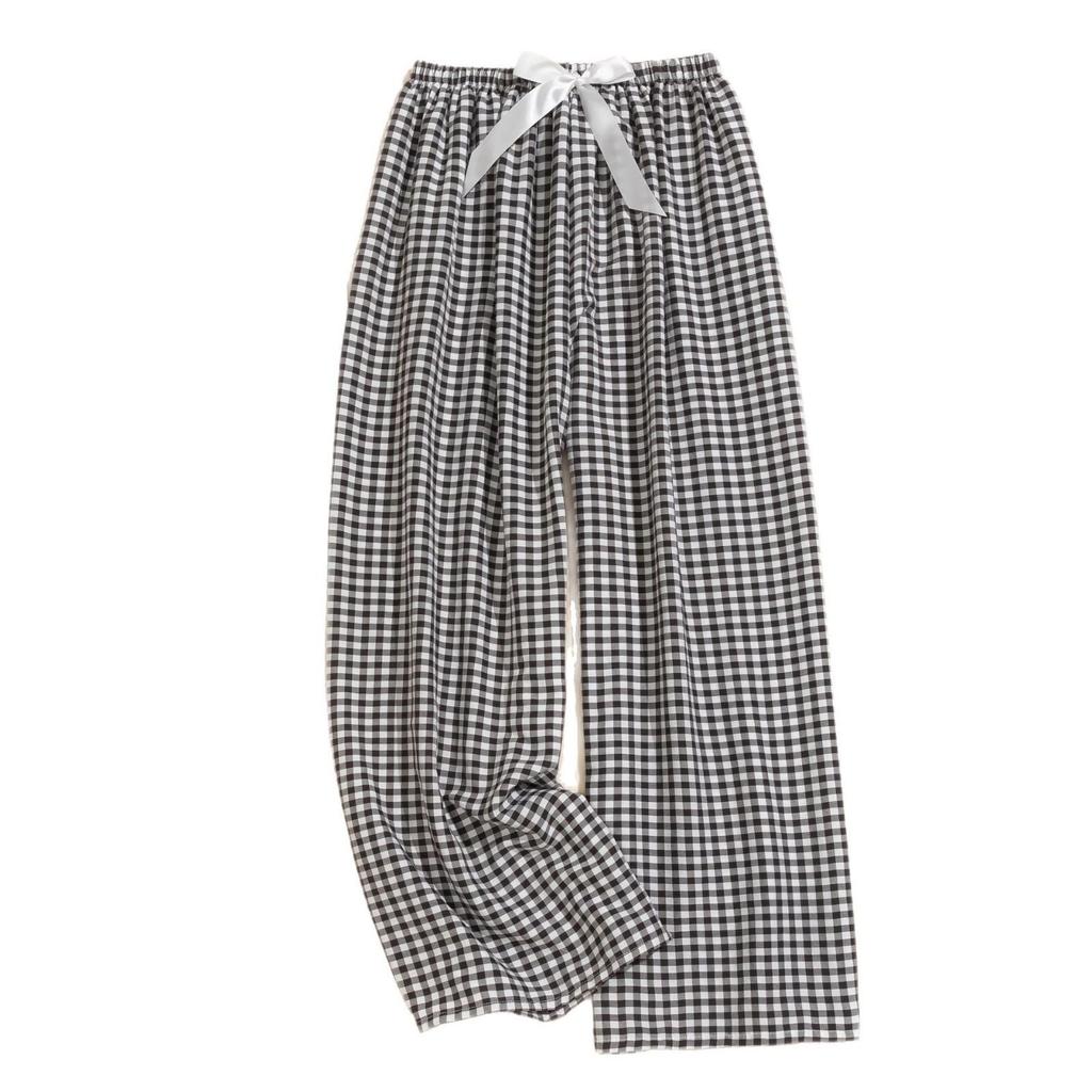 Women's Summer Plaid Wide-Leg Cotton Pajama Pants - Yarn-Dyed, Plus Size, Suitable for Outdoor Wear