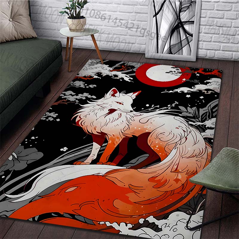 White fox red moon night forest mystical Print Carpet for Living Room Bedroom Sofa Home Decor Non-slip Mat Luxury Gift