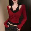 Women S Sexy Lace Mock Two Piece Short V Neck Long Sleeve Top For Women