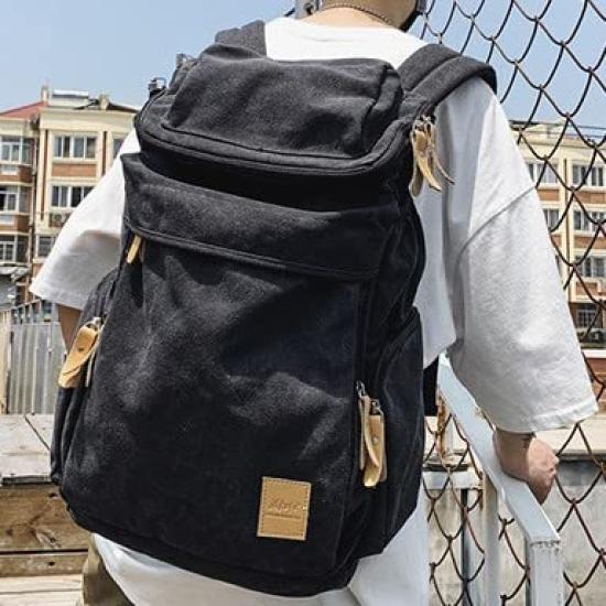 Canvas and Genuine Leather and Unisex Plain Backpack Canvas Simple Military Outdoor Travel Business Trip Rucksack Outdoor Sports College Students High
