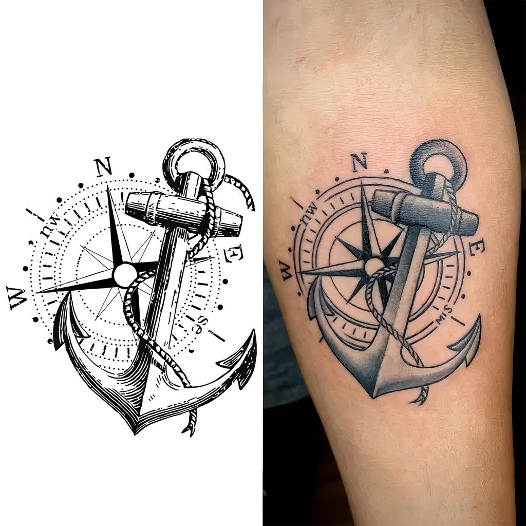1 Sheet Graffiti Anchor Compass Temporary Tattoos For Adults Hands Necks Ankle, Fake Tattoo Stickers Waterproof Realistic Tatoos