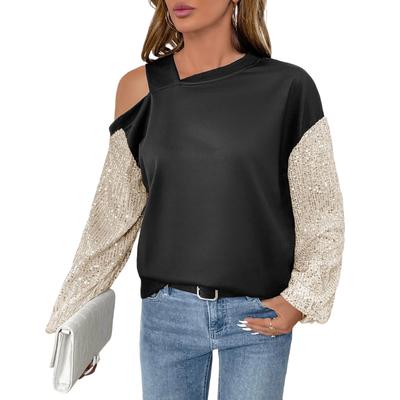 Women's Retro Party Long-Sleeved Sequined Off-Shoulder Color-Blocked Sweatshirt