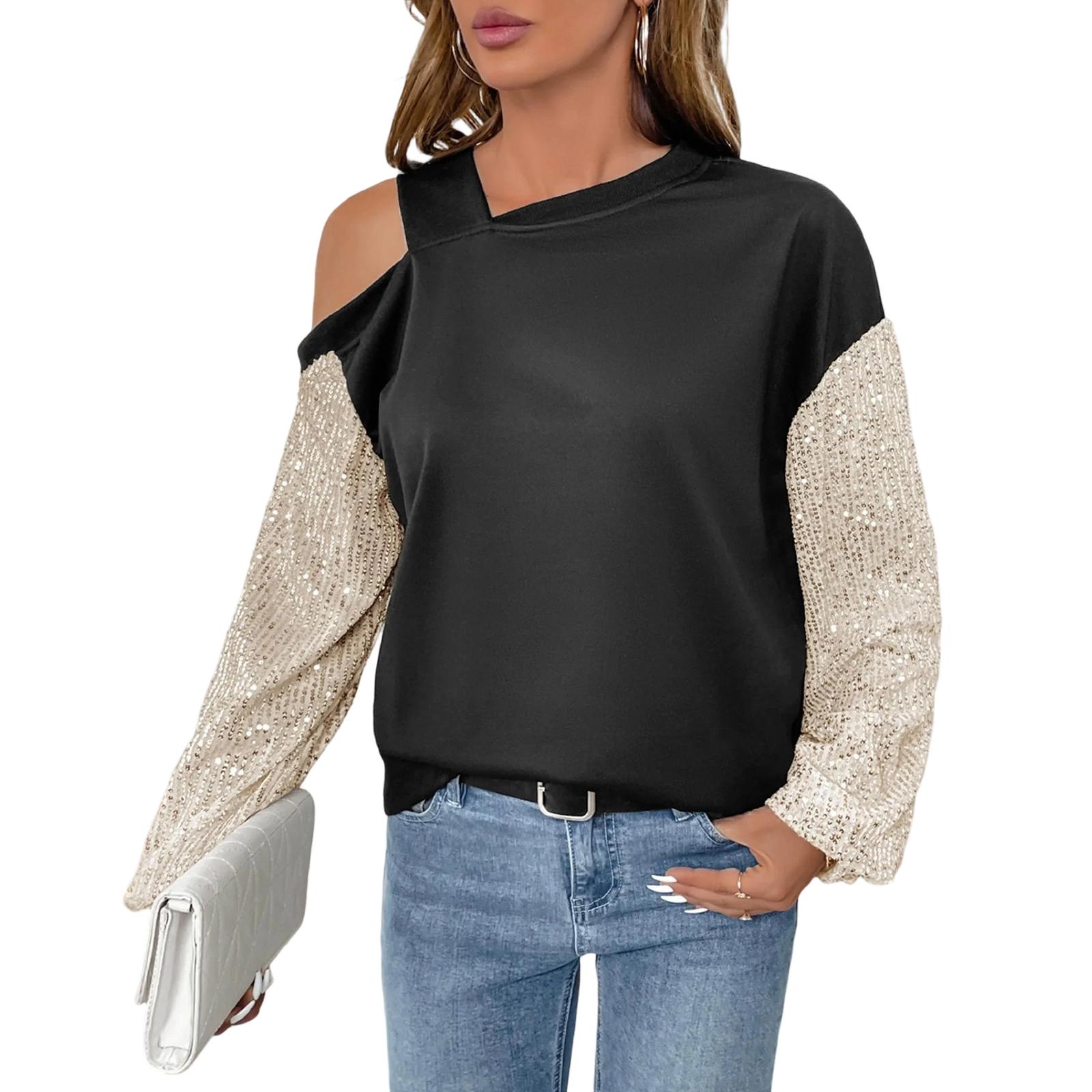 

Women s Retro Party Long,Sleeved Sequined Off,Shoulder Color,Blocked Sweatshirt L чорний