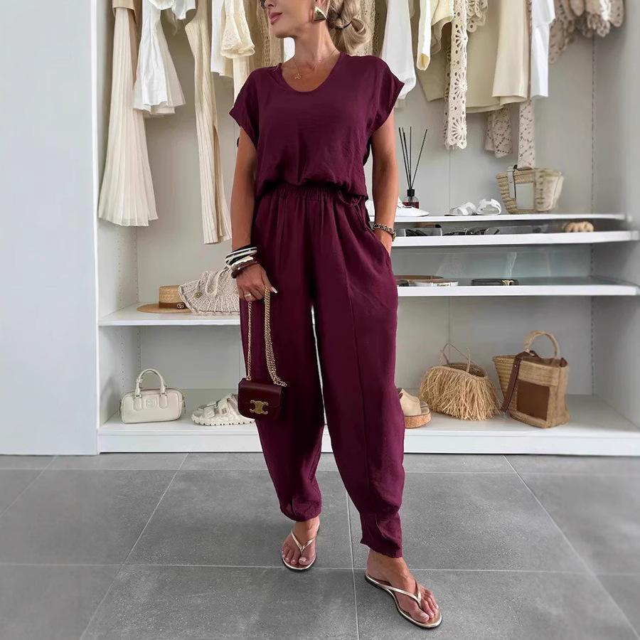 

Летний женский льняной комплект из ледяного шелка в стиле кэжуал S вино красного