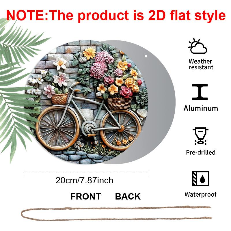 2D Flat Aluminum Wall Art Featuring Flowers and Bicycles, Rustic Country Style, 7.87 Inches × 7.87 Inches, Holiday Gift, Suitable for Homes, Studios