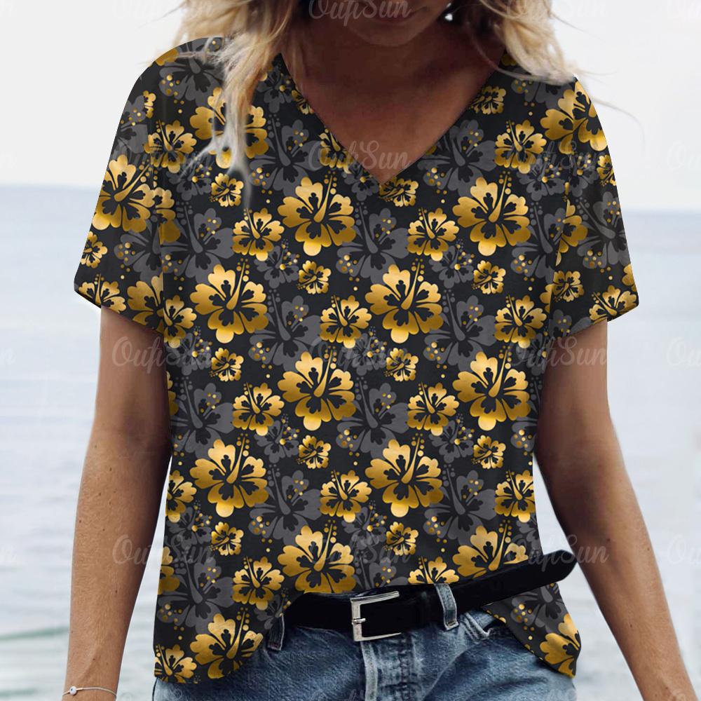 2024 Luxus Damen T-Shirt 3D Blumen- und Grasdruck Übergröße Damen Trend Kleidung Mode Kurzarmshirt Damen V-Ausschnitt Top